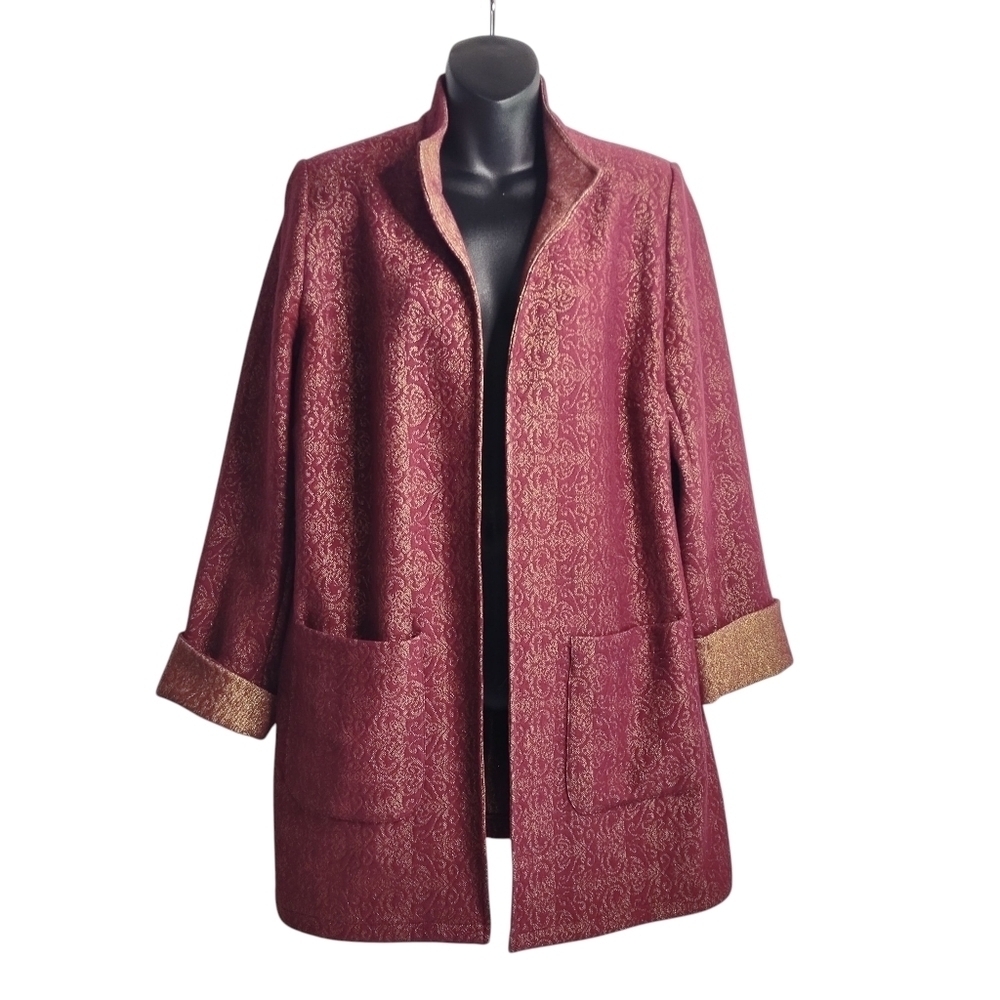 Chico's Women's Burgundy Gold Metallic Jacket Open Front Pockets Sz 1 (US M)